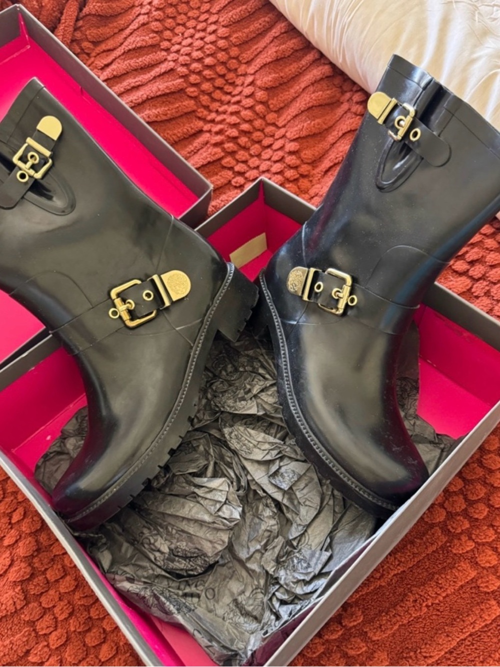 Vince Camuto Black Rain Boots with Gold Buckle Accents Size 10M NWT Box